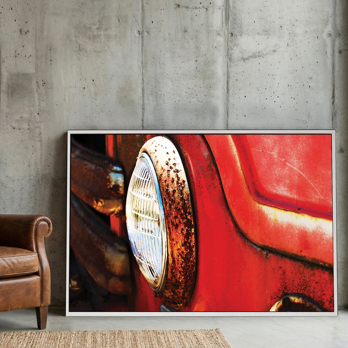 Rustic Fire Truck Headlight canvas wall art print displayed in a styled living room
