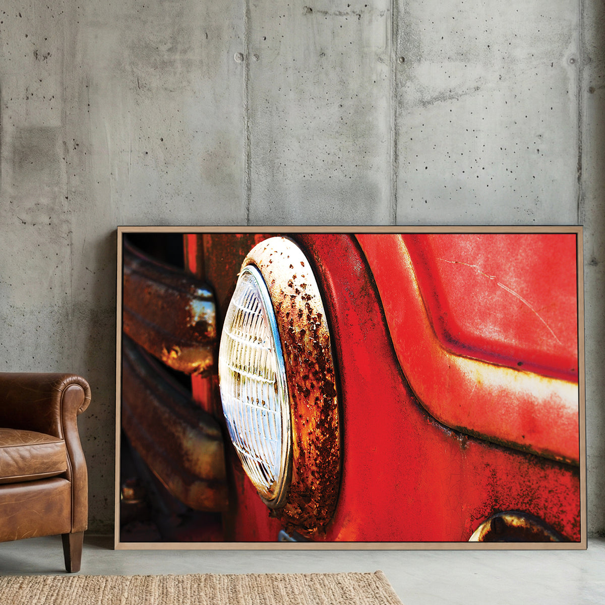 Rustic Fire Truck Headlight canvas wall art print displayed in a styled living room