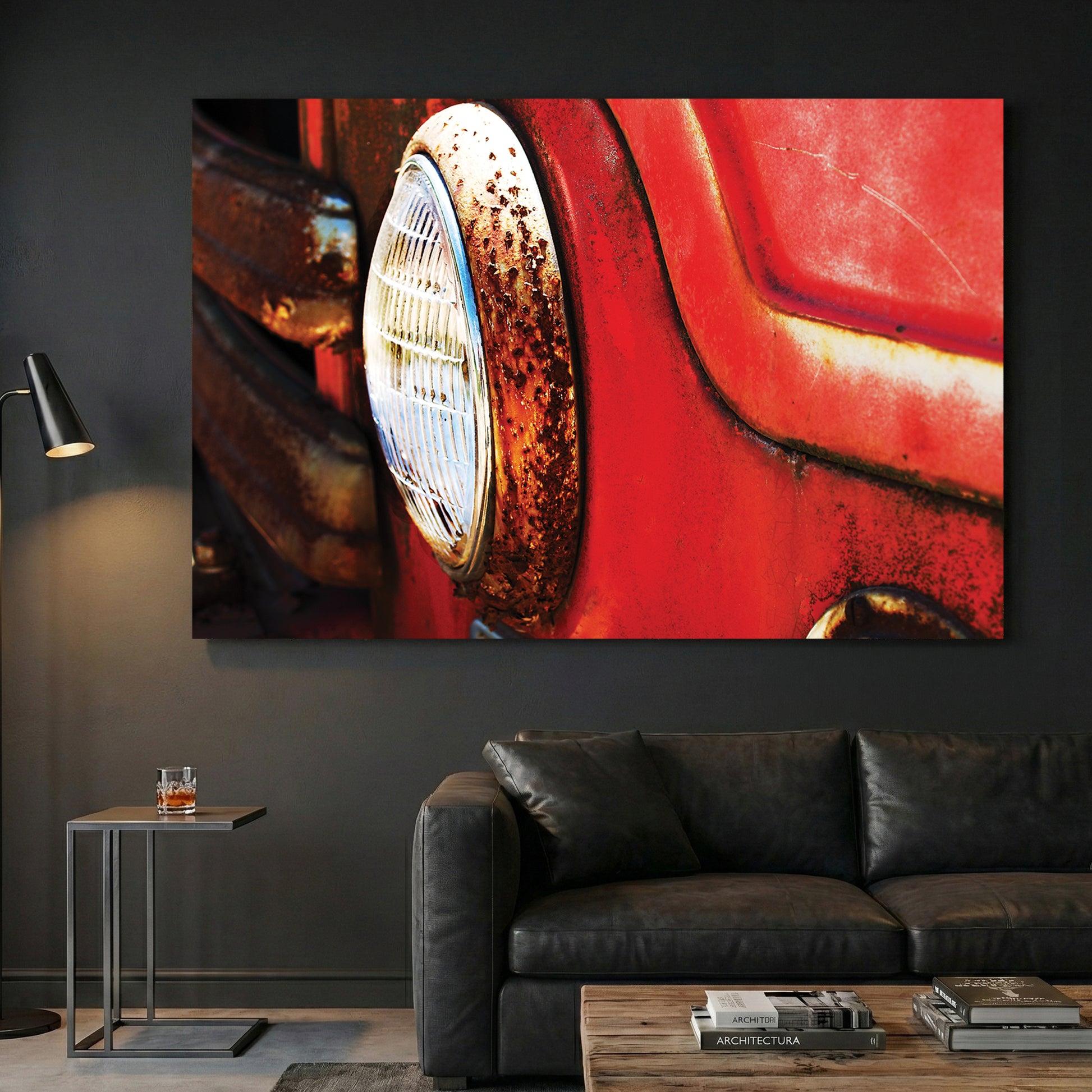 Rustic Fire Truck Headlight canvas wall art print displayed in a styled living room