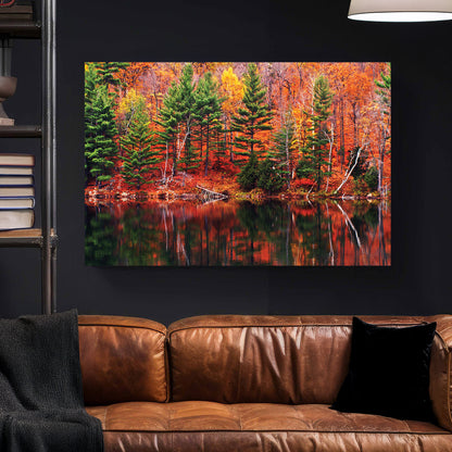 Fall Lake Reflection canvas wall art print styled in a modern interior