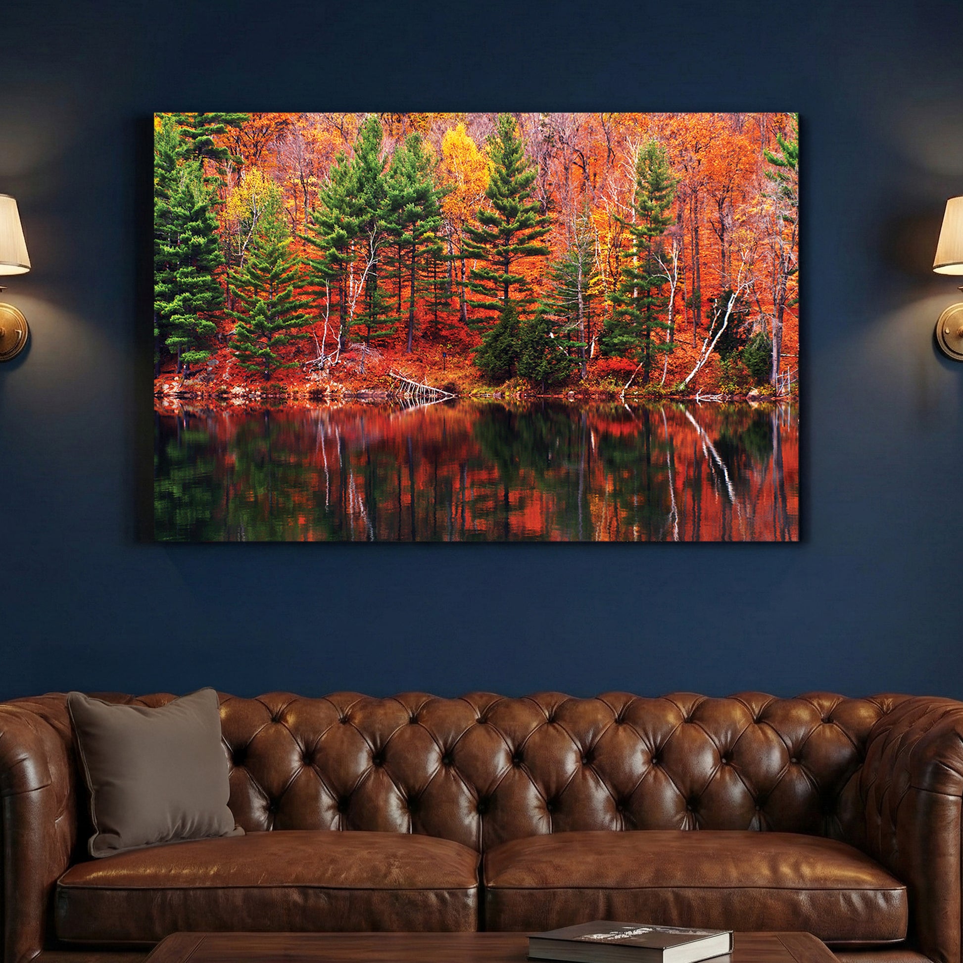 Fall Lake Reflection canvas wall art print above a sofa in a contemporary living room