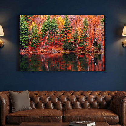 Fall Lake Reflection canvas wall art print above a sofa in a contemporary living room