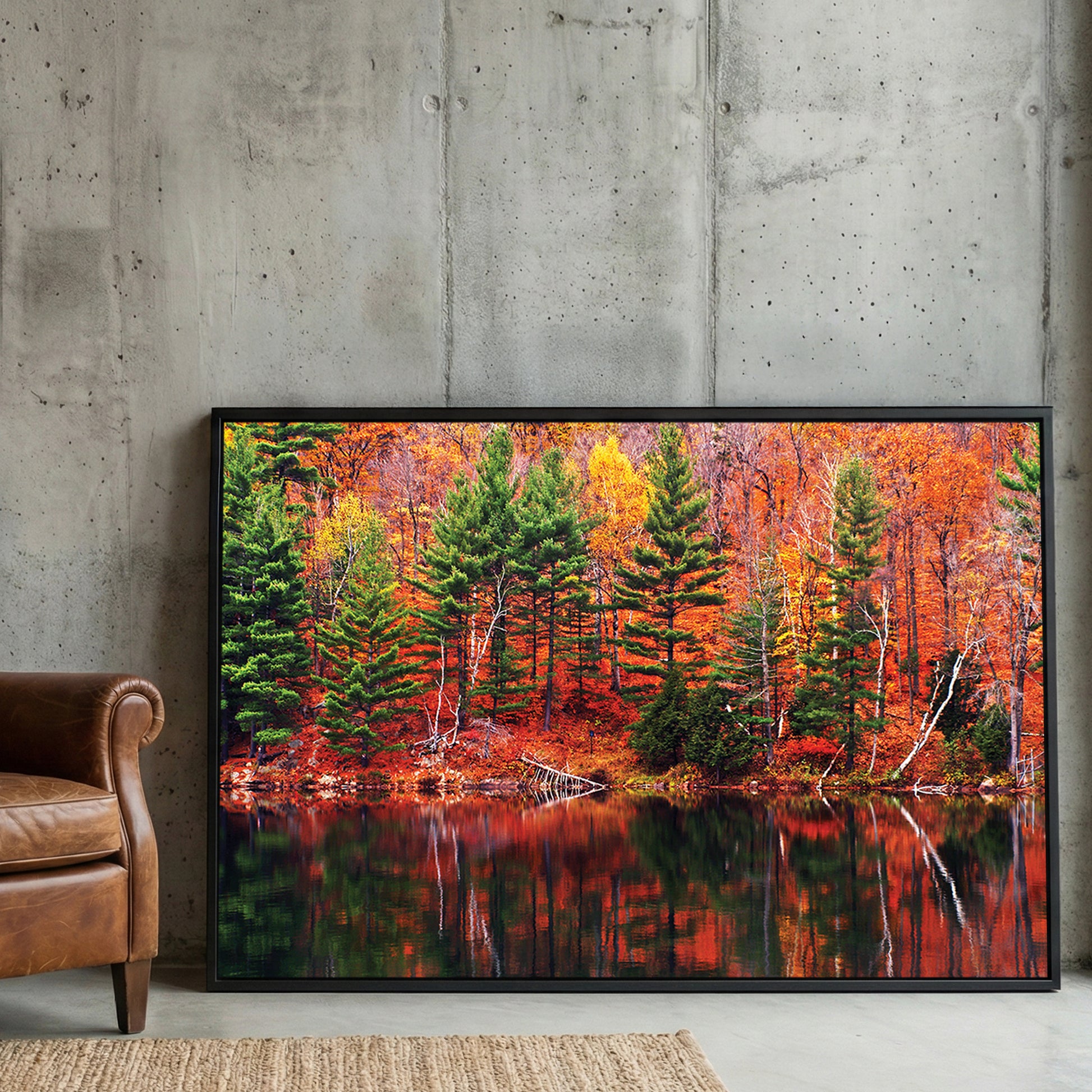 Fall Lake Reflection framed canvas wall art print in a gallery-style display