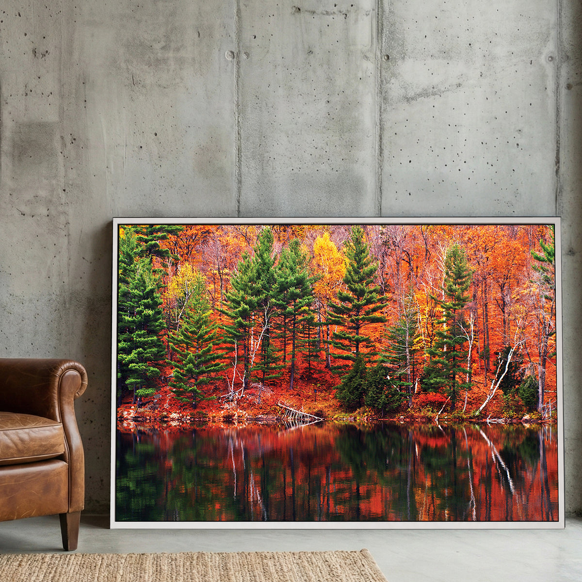 Fall Lake Reflection canvas wall art print displayed in a styled living room