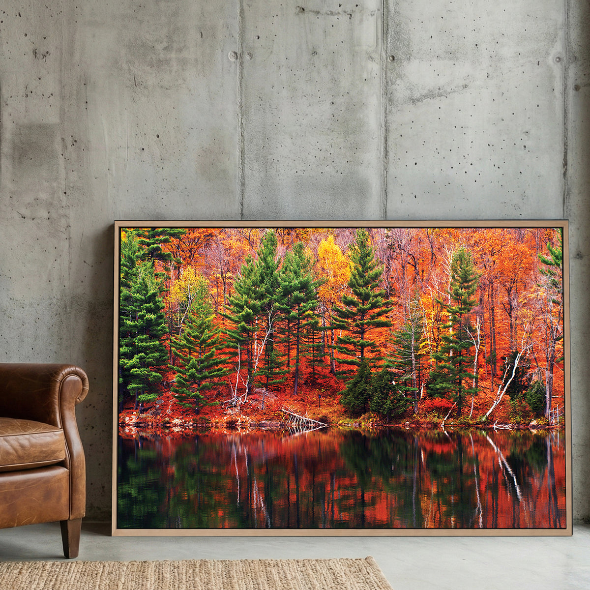 Fall Lake Reflection canvas wall art print displayed in a styled living room