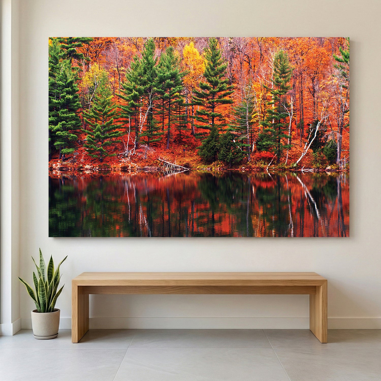 Fall Lake Reflection canvas wall art print displayed in a styled living room