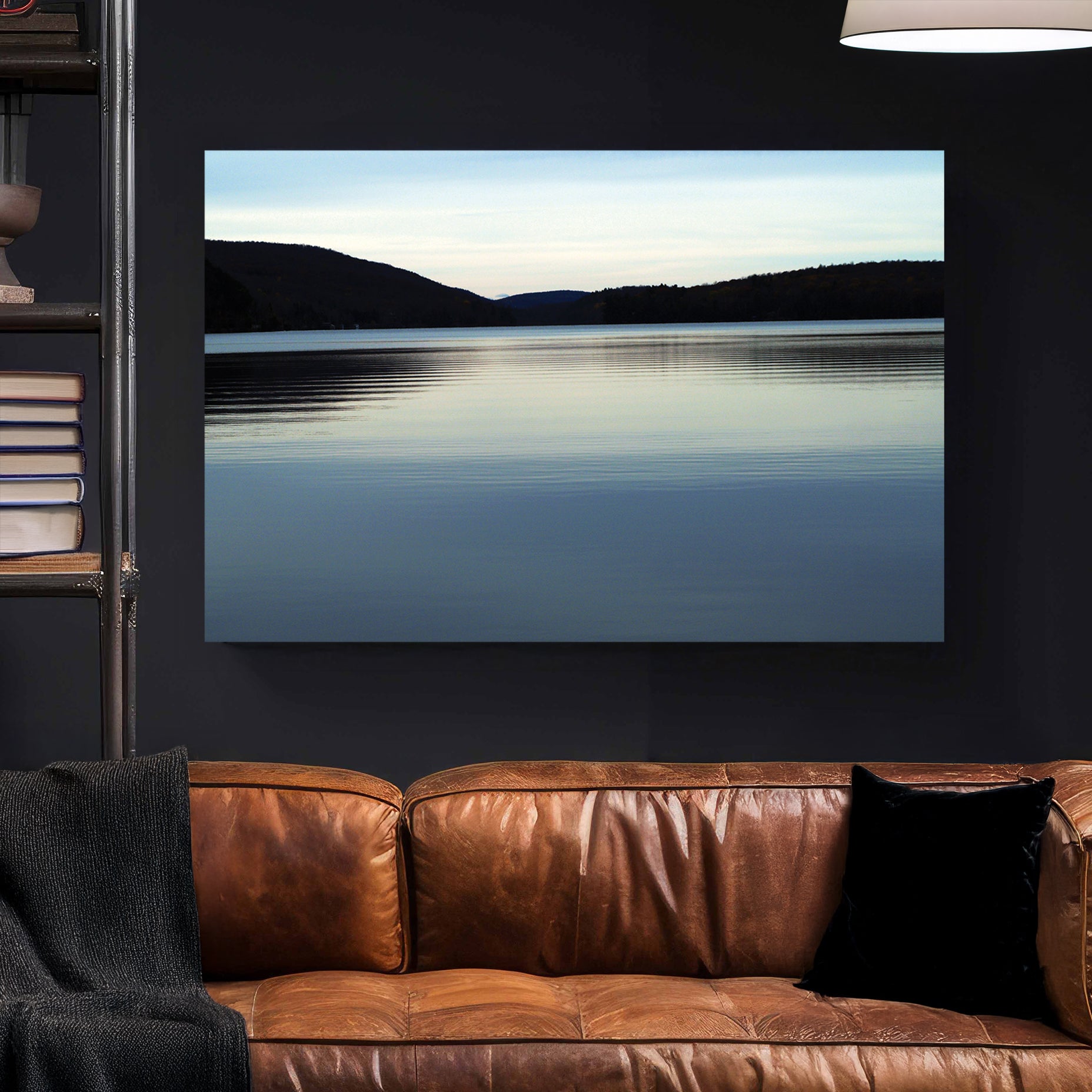 Meech Lake Dusk canvas wall art print styled in a modern interior