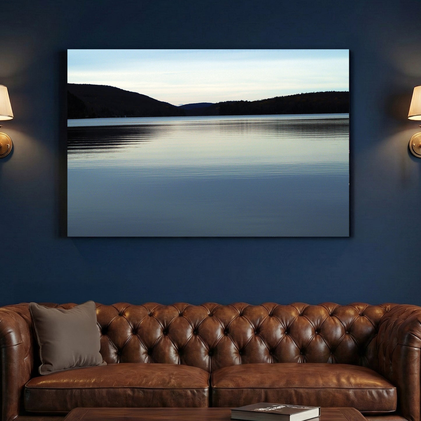 Meech Lake Dusk canvas wall art print above a sofa in a contemporary living room