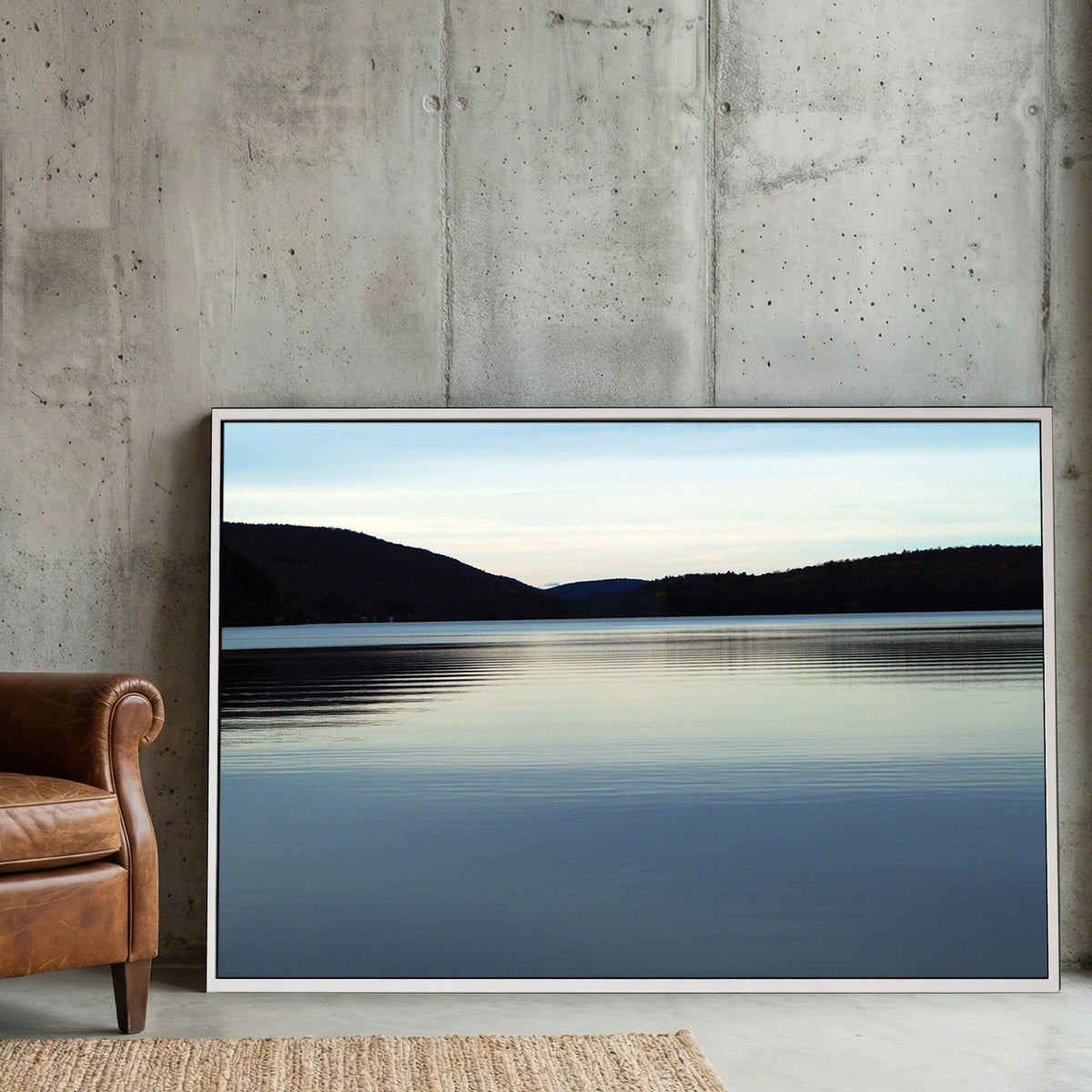 Meech Lake Dusk canvas wall art print displayed in a styled living room