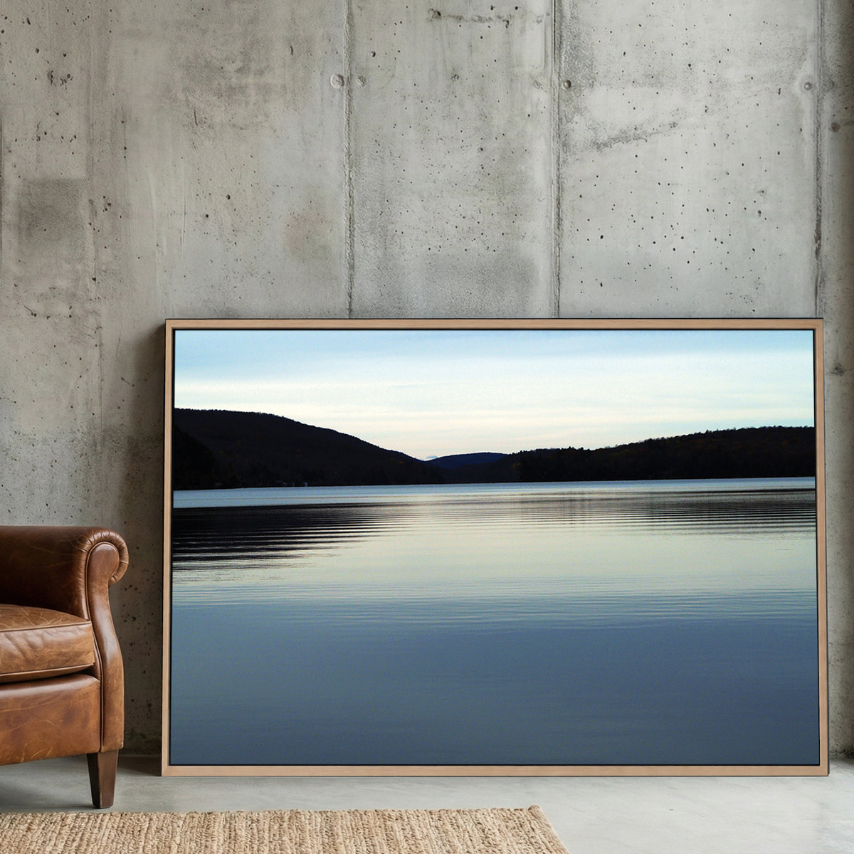 Meech Lake Dusk canvas wall art print displayed in a styled living room