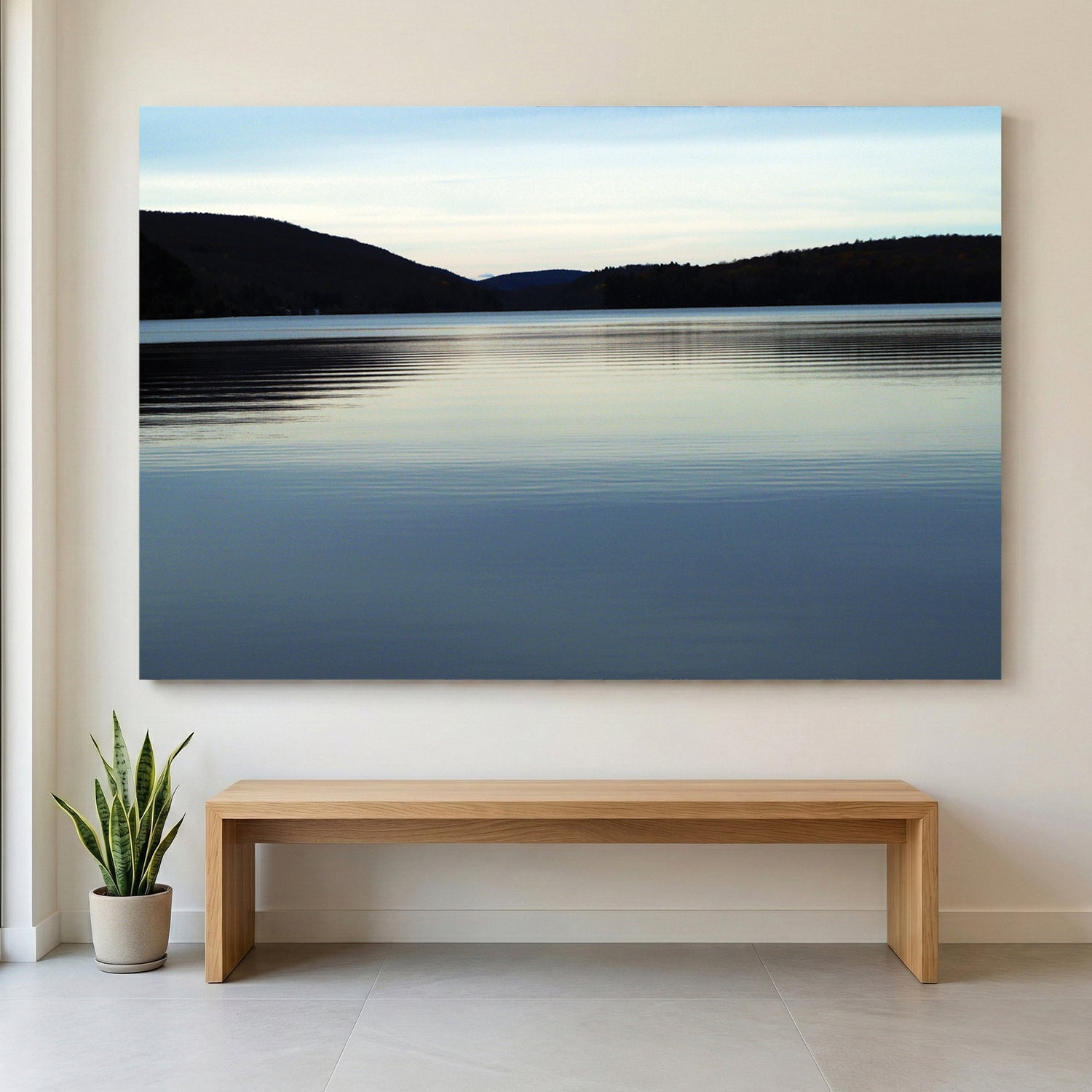 Meech Lake Dusk canvas wall art print displayed in a styled living room