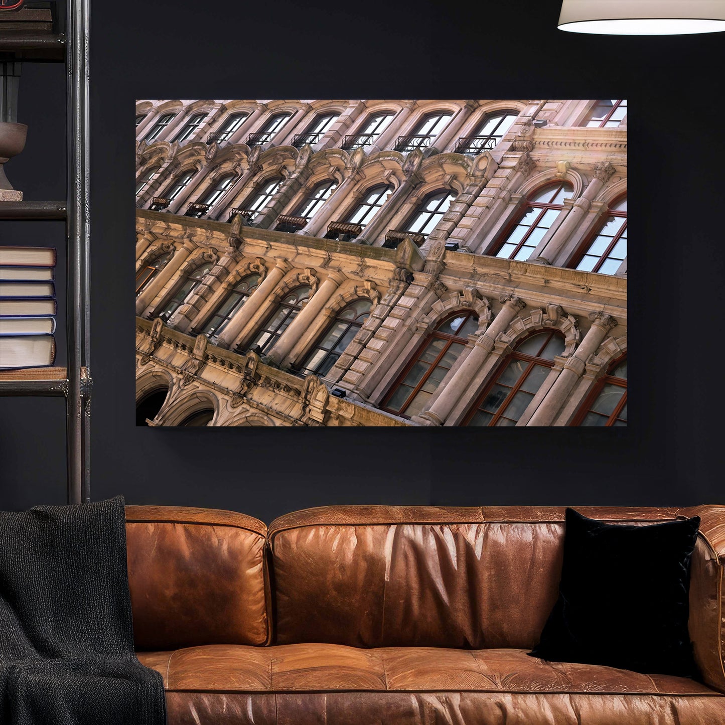 Montreal Stone Facade canvas wall art print styled in a modern interior