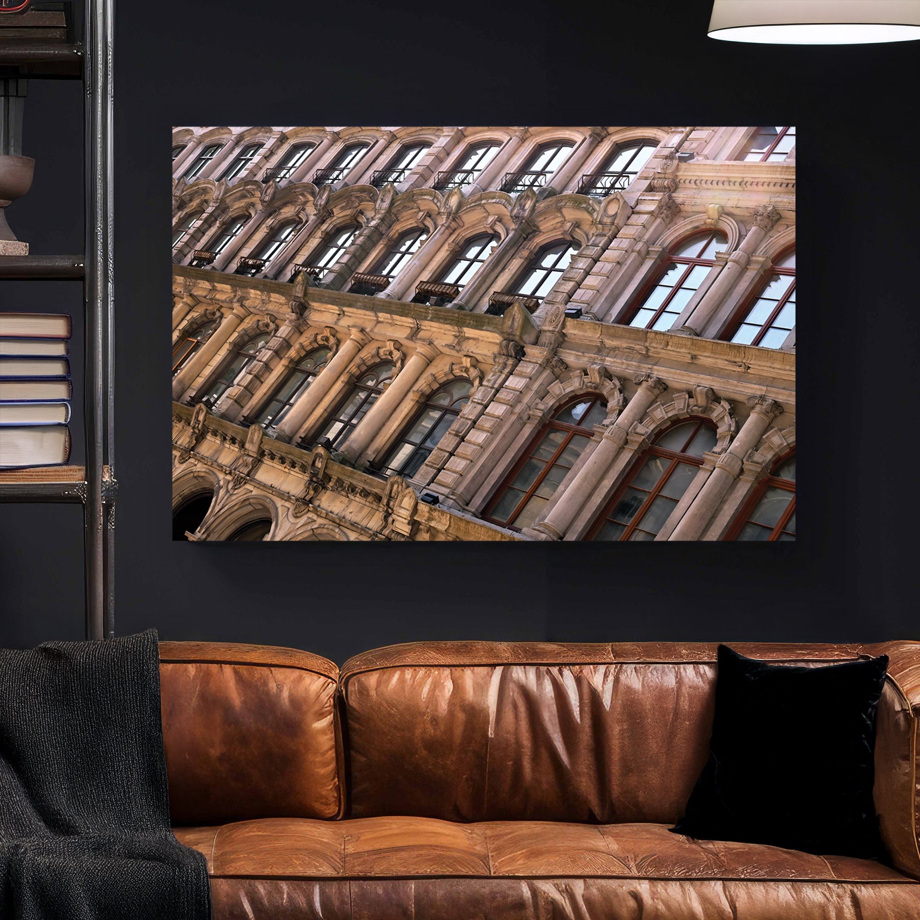 Montreal Stone Facade canvas wall art print styled in a modern interior