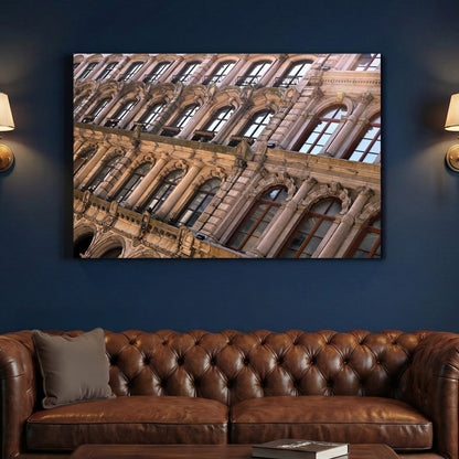 Montreal Stone Facade canvas wall art print above a sofa in a contemporary living room