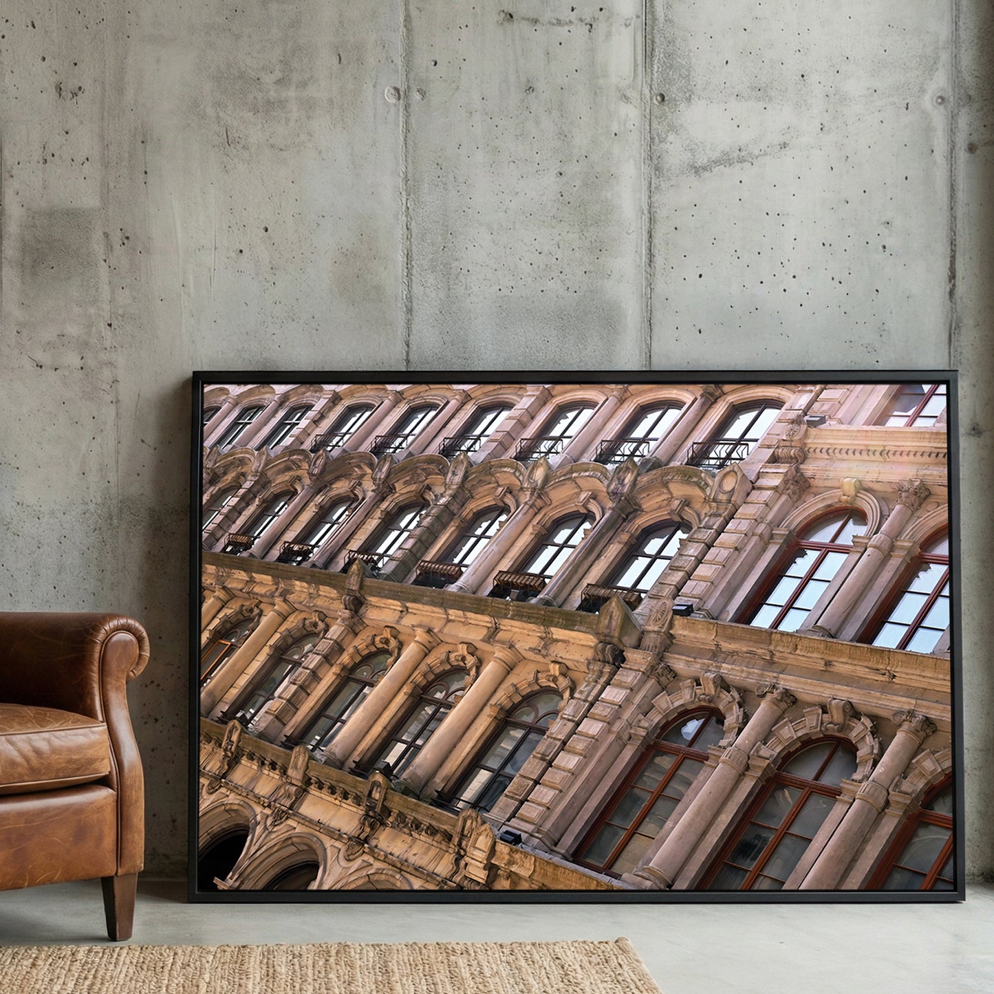 Montreal Stone Facade framed canvas wall art print in a gallery-style display