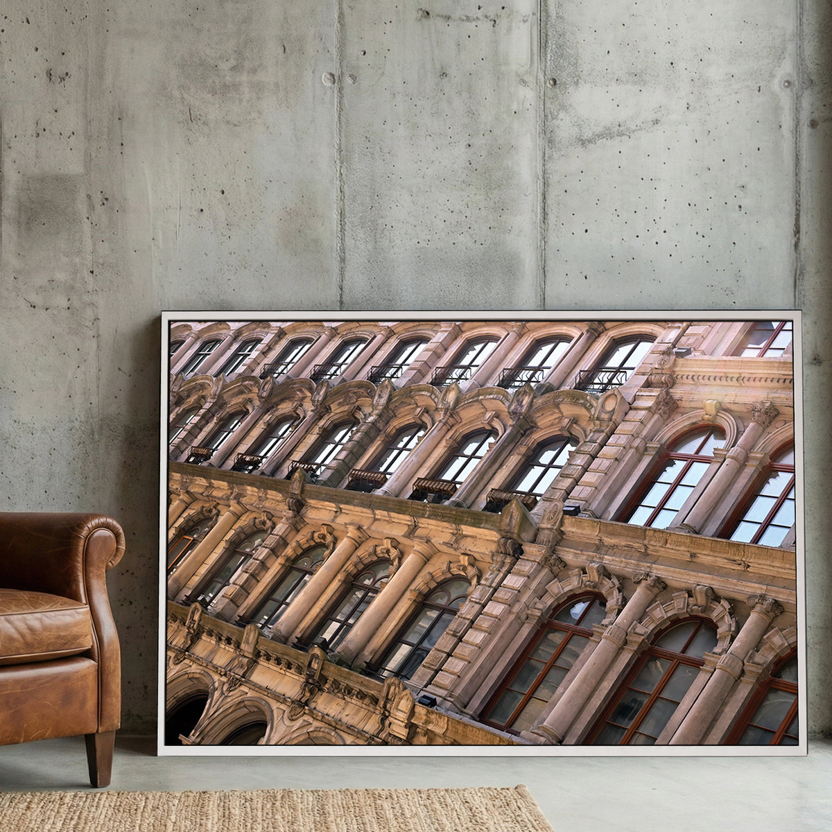 Montreal Stone Facade canvas wall art print displayed in a styled living room