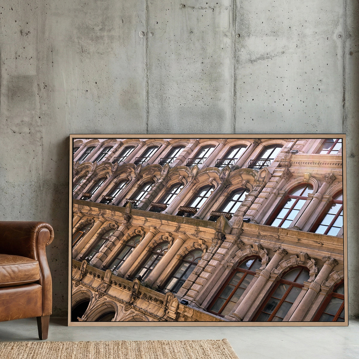 Montreal Stone Facade canvas wall art print displayed in a styled living room