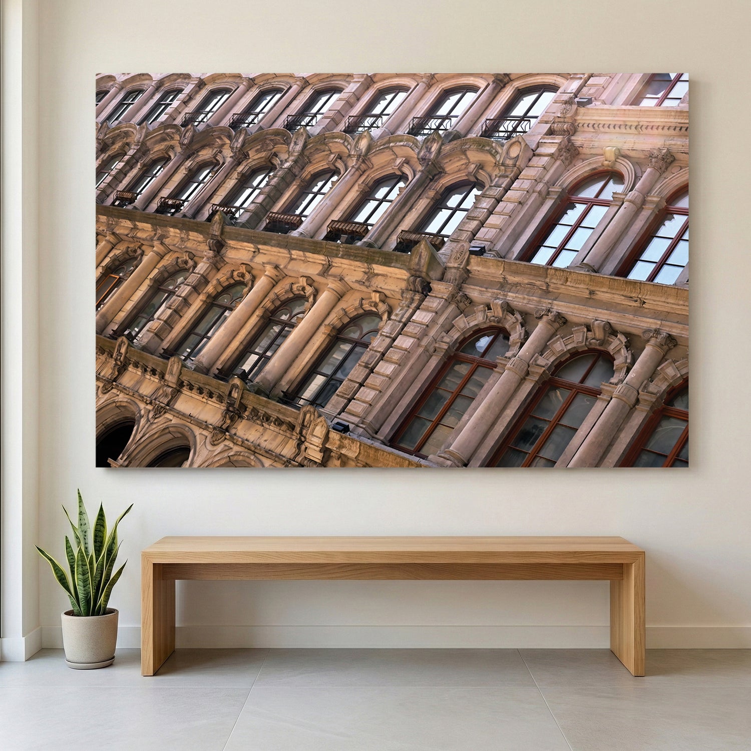 Montreal Stone Facade canvas wall art print displayed in a styled living room