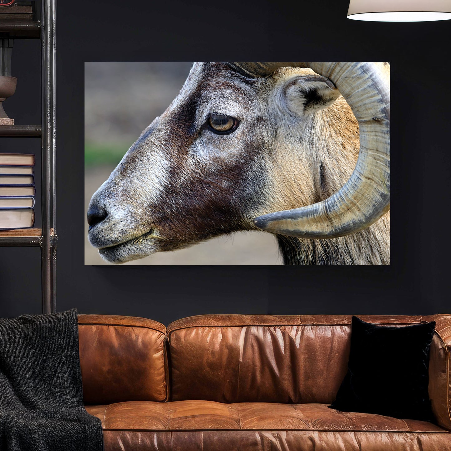 Mountain Ram Portrait canvas wall art print styled in a modern interior