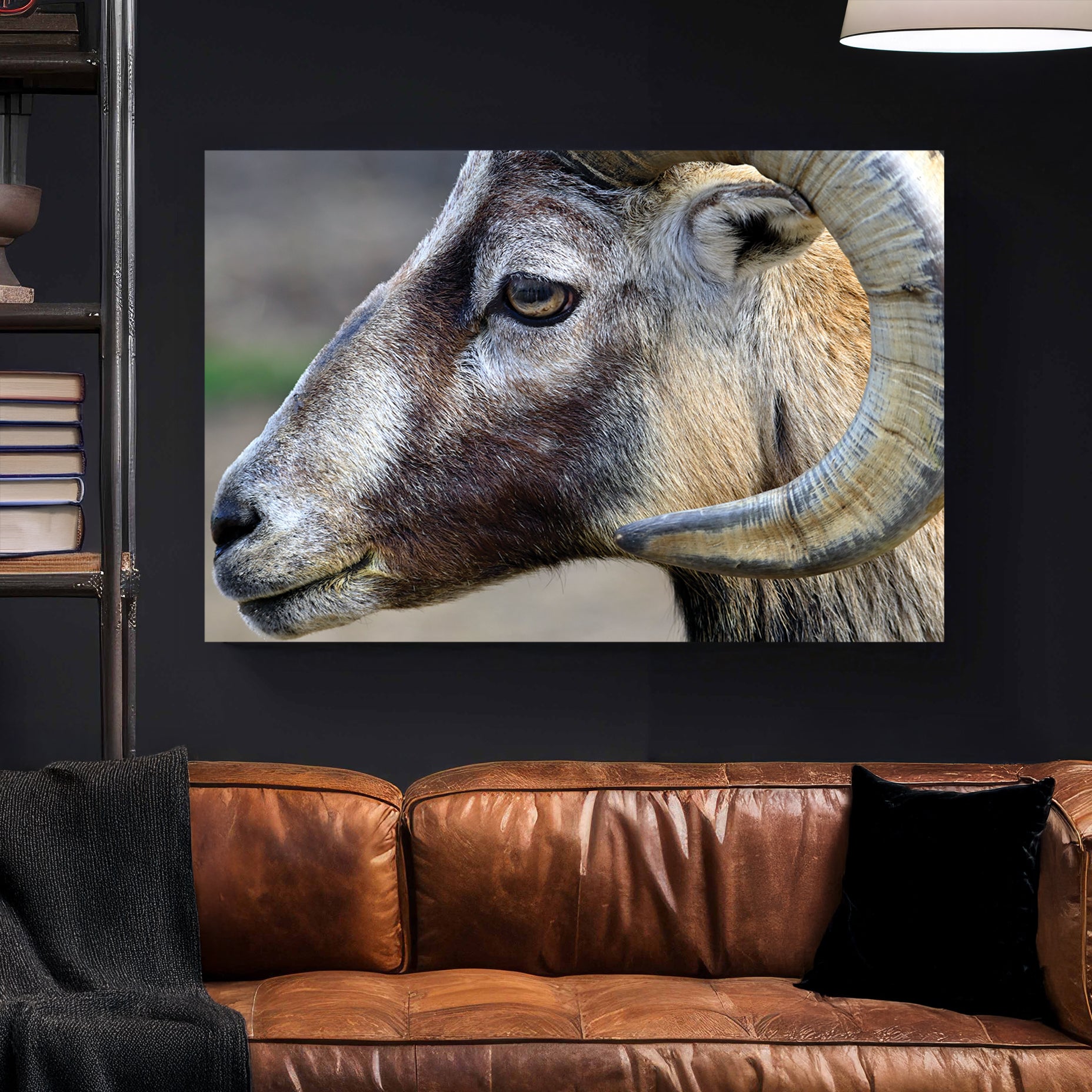 Mountain Ram Portrait canvas wall art print styled in a modern interior