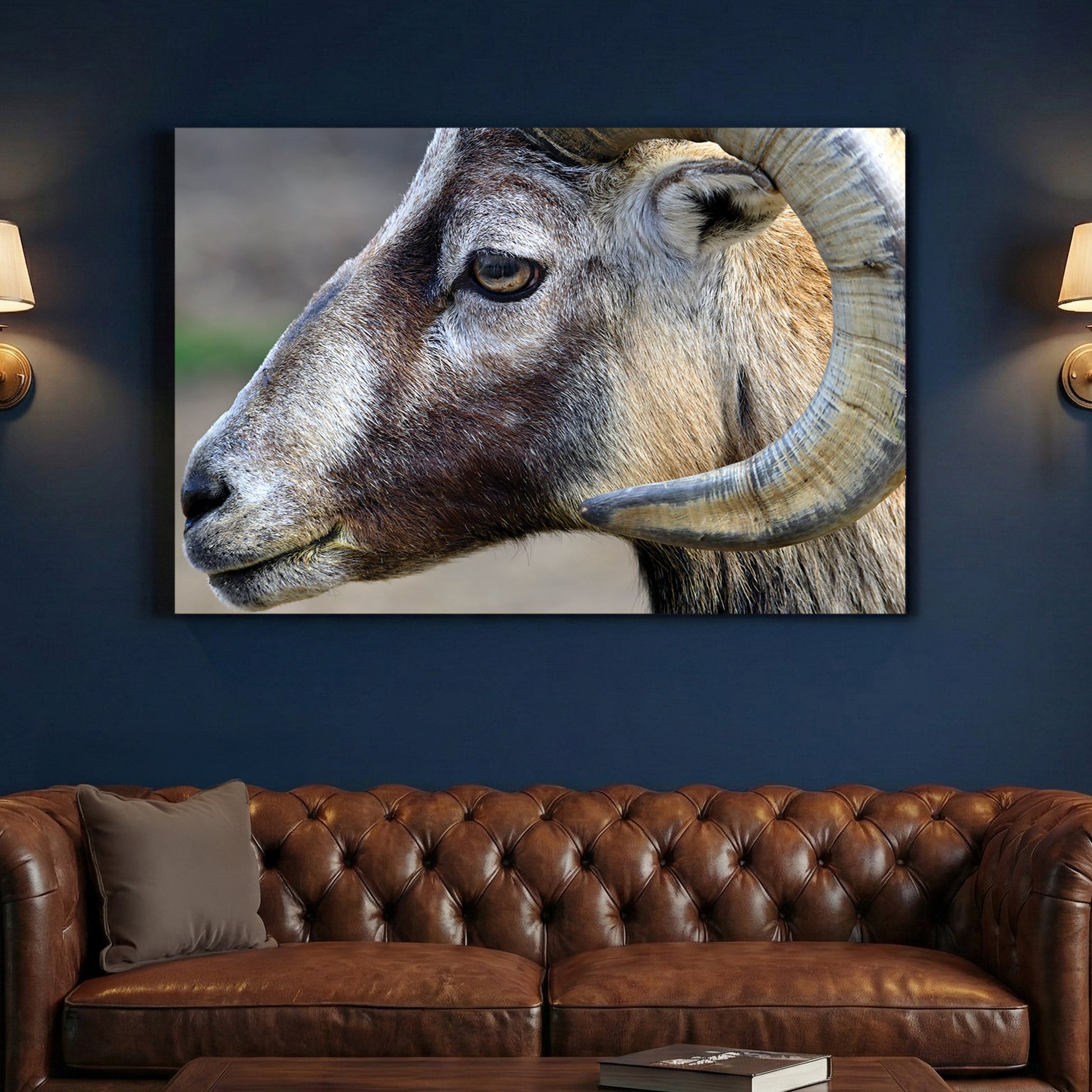 Mountain Ram Portrait canvas wall art print above a sofa in a contemporary living room