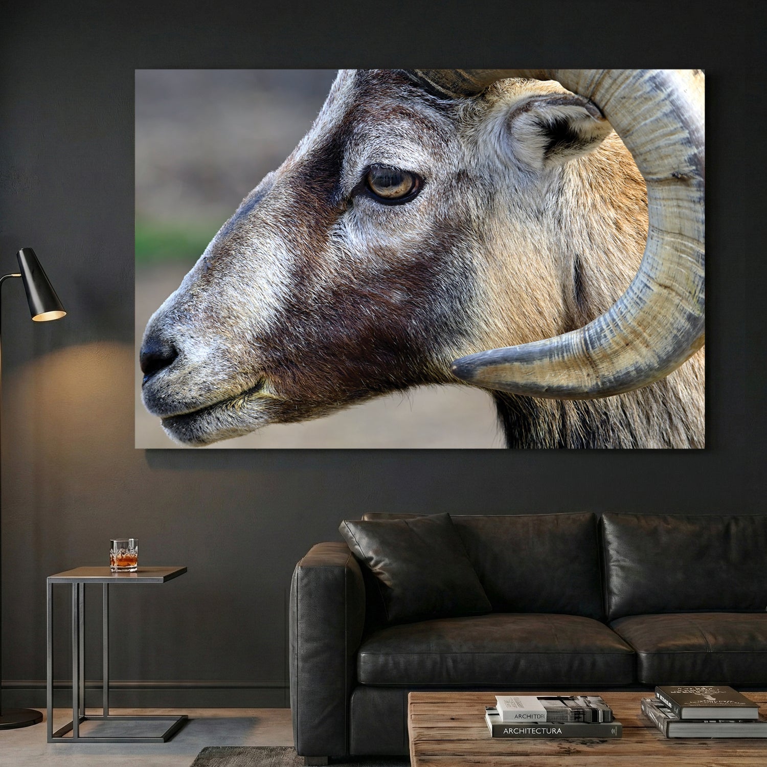 Mountain Ram Portrait canvas wall art print displayed in a styled living room