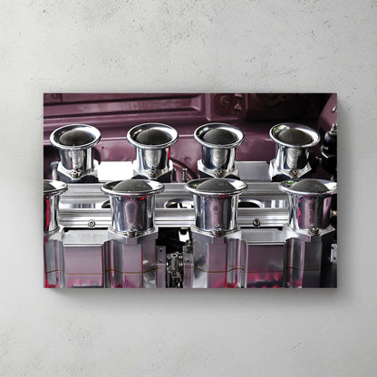 Polished eight-stack velocity-injection setup on a purple hot-rod engine, chrome trumpets and red wires — canvas wall art print