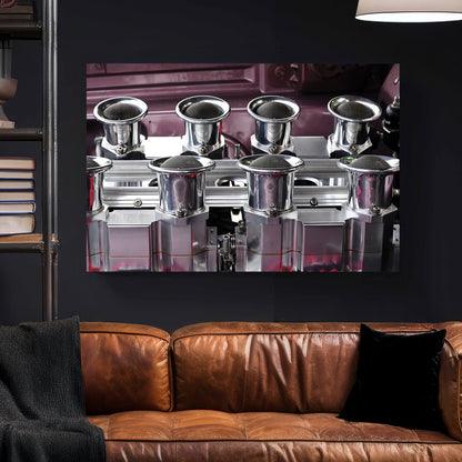 Muscle Car Engine canvas wall art print styled in a modern interior