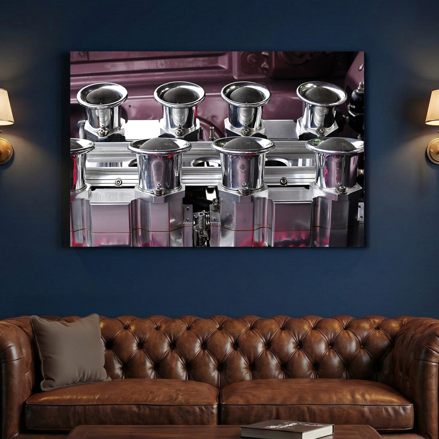 Muscle Car Engine canvas wall art print above a sofa in a contemporary living room