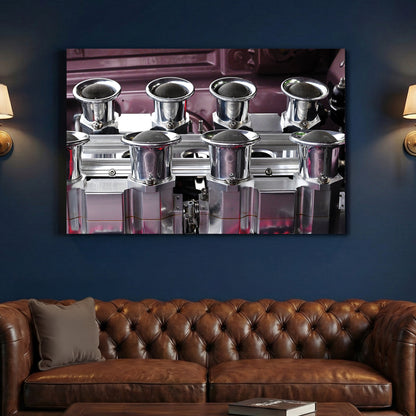Muscle Car Engine canvas wall art print above a sofa in a contemporary living room