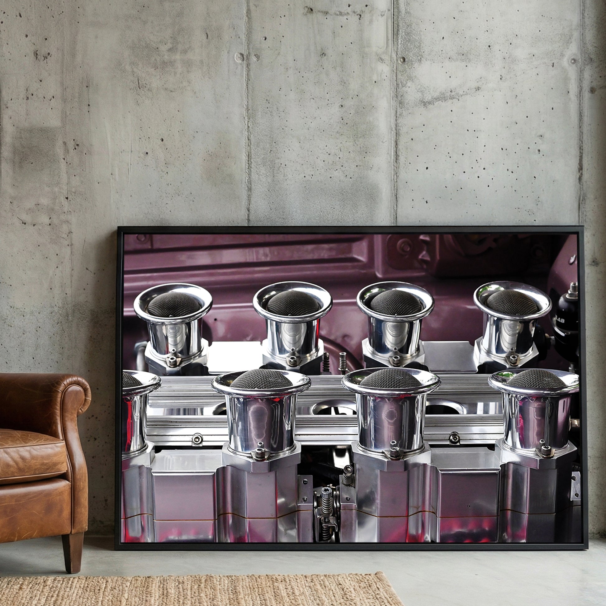 Muscle Car Engine framed canvas wall art print in a gallery-style display