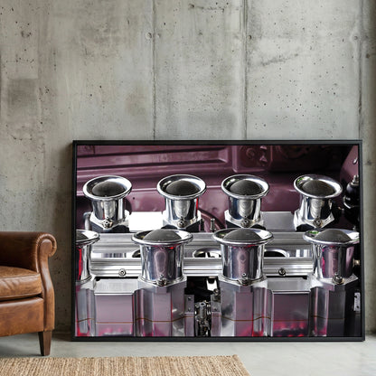 Muscle Car Engine framed canvas wall art print in a gallery-style display