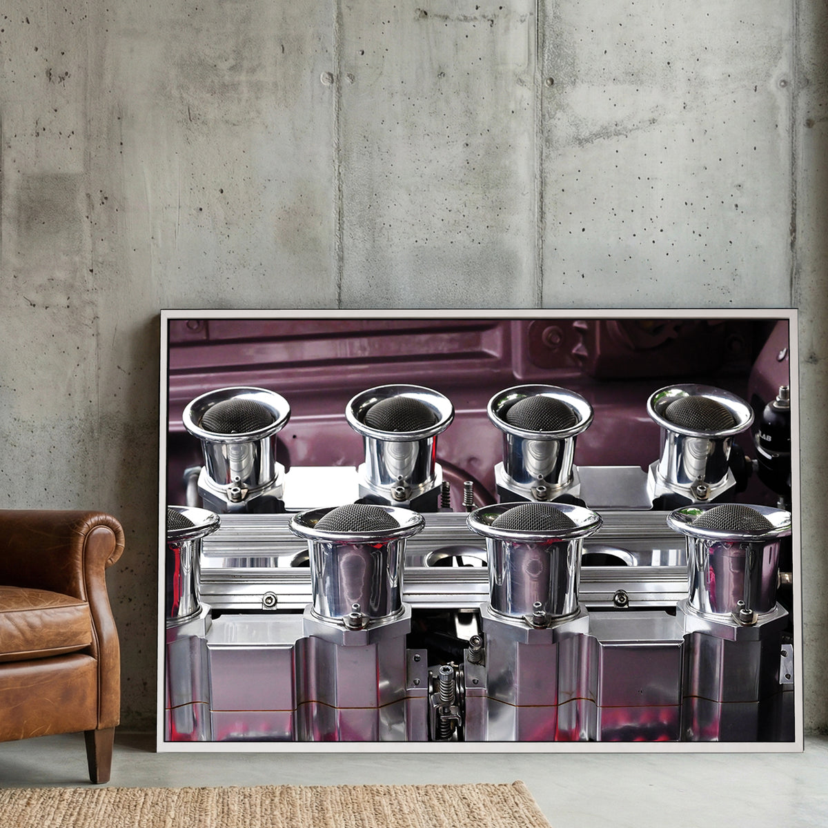 Muscle Car Engine canvas wall art print displayed in a styled living room