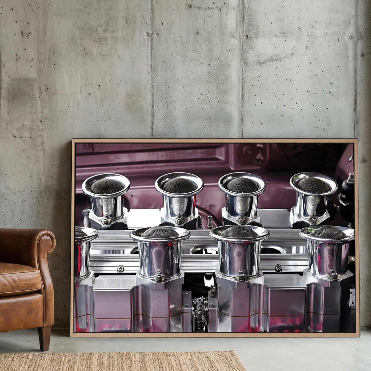 Muscle Car Engine canvas wall art print displayed in a styled living room