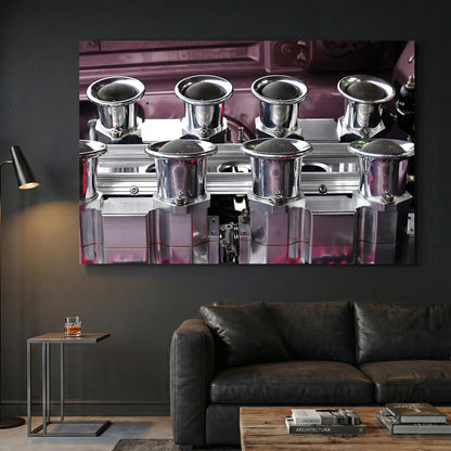 Muscle Car Engine canvas wall art print displayed in a styled living room