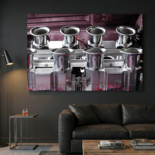Muscle Car Engine canvas wall art print displayed in a styled living room