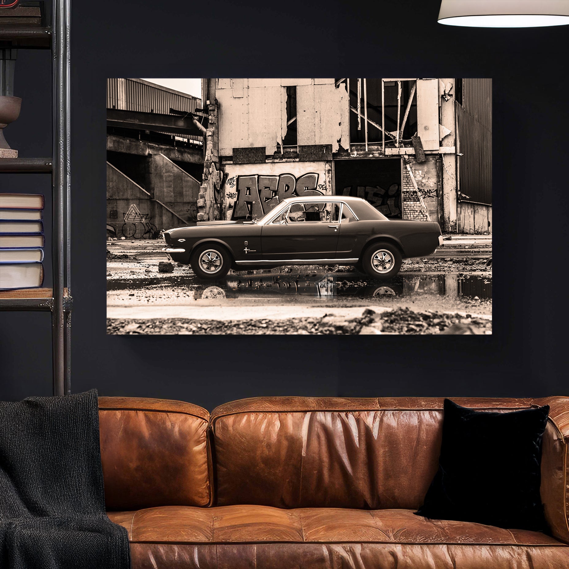 Classic Mustang Muscle Car canvas wall art print styled in a modern interior