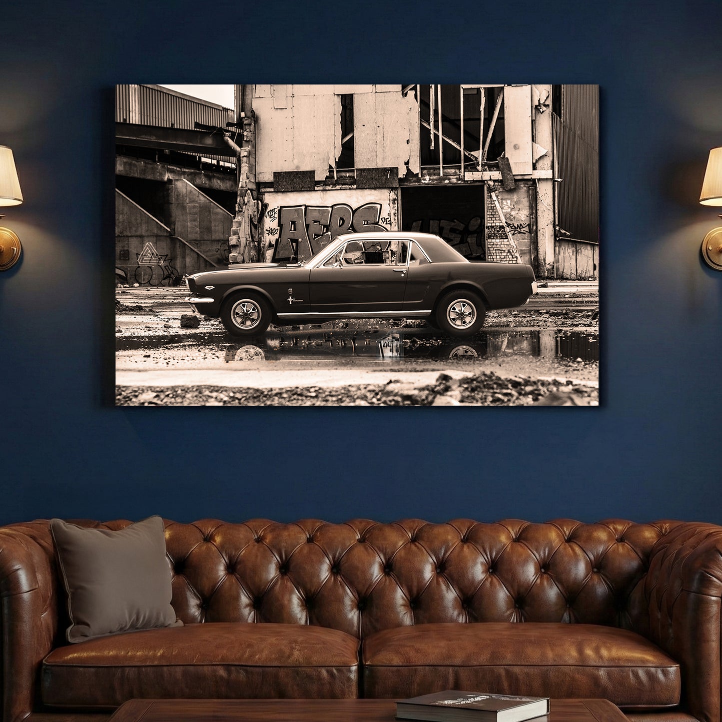 Classic Mustang Muscle Car canvas wall art print above a sofa in a contemporary living room