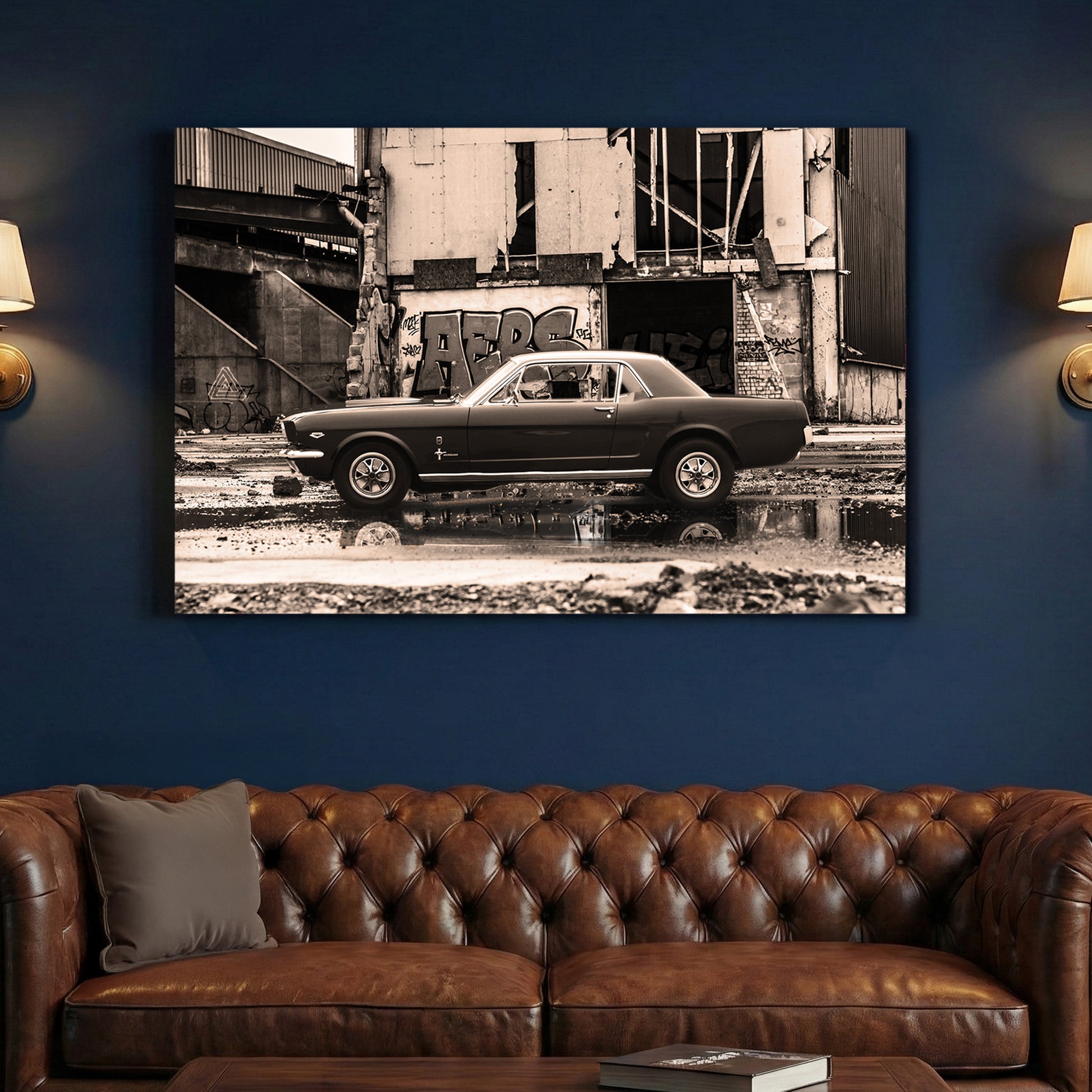 Classic Mustang Muscle Car canvas wall art print above a sofa in a contemporary living room