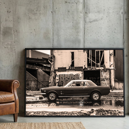 Classic Mustang Muscle Car framed canvas wall art print in a gallery-style display