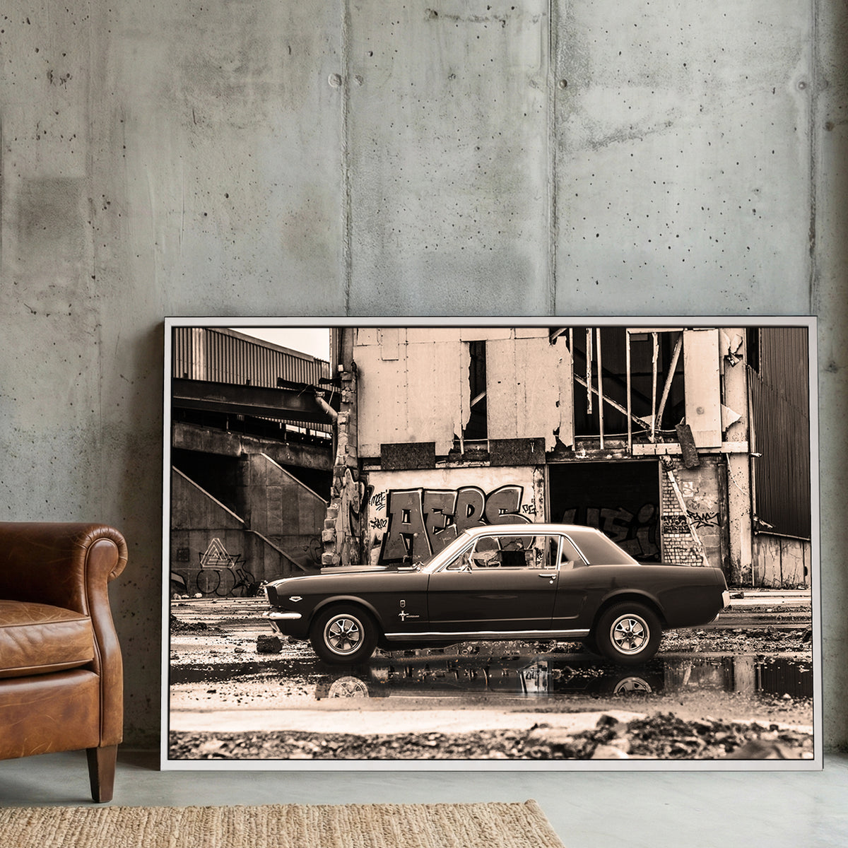 Classic Mustang Muscle Car canvas wall art print displayed in a styled living room