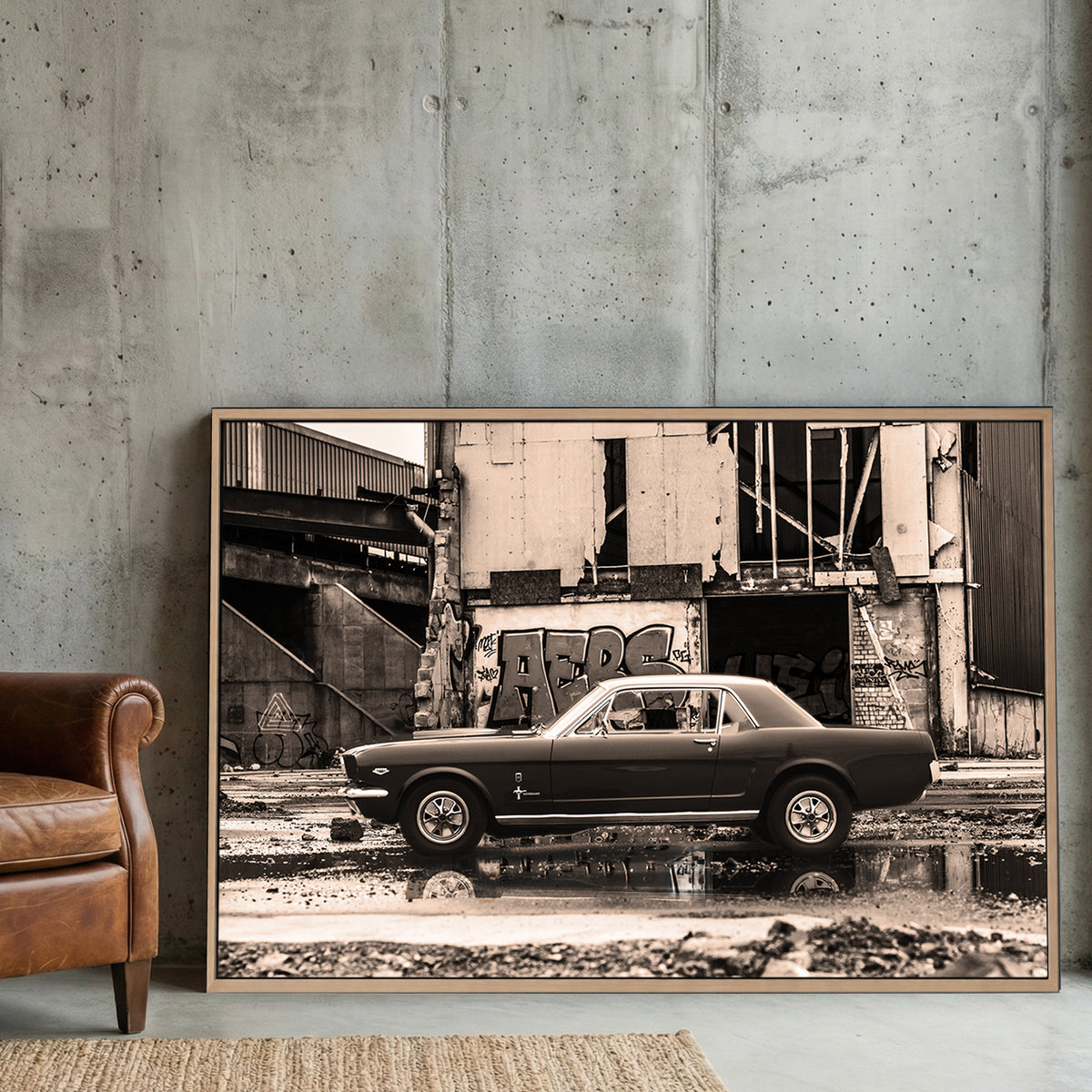 Classic Mustang Muscle Car canvas wall art print displayed in a styled living room
