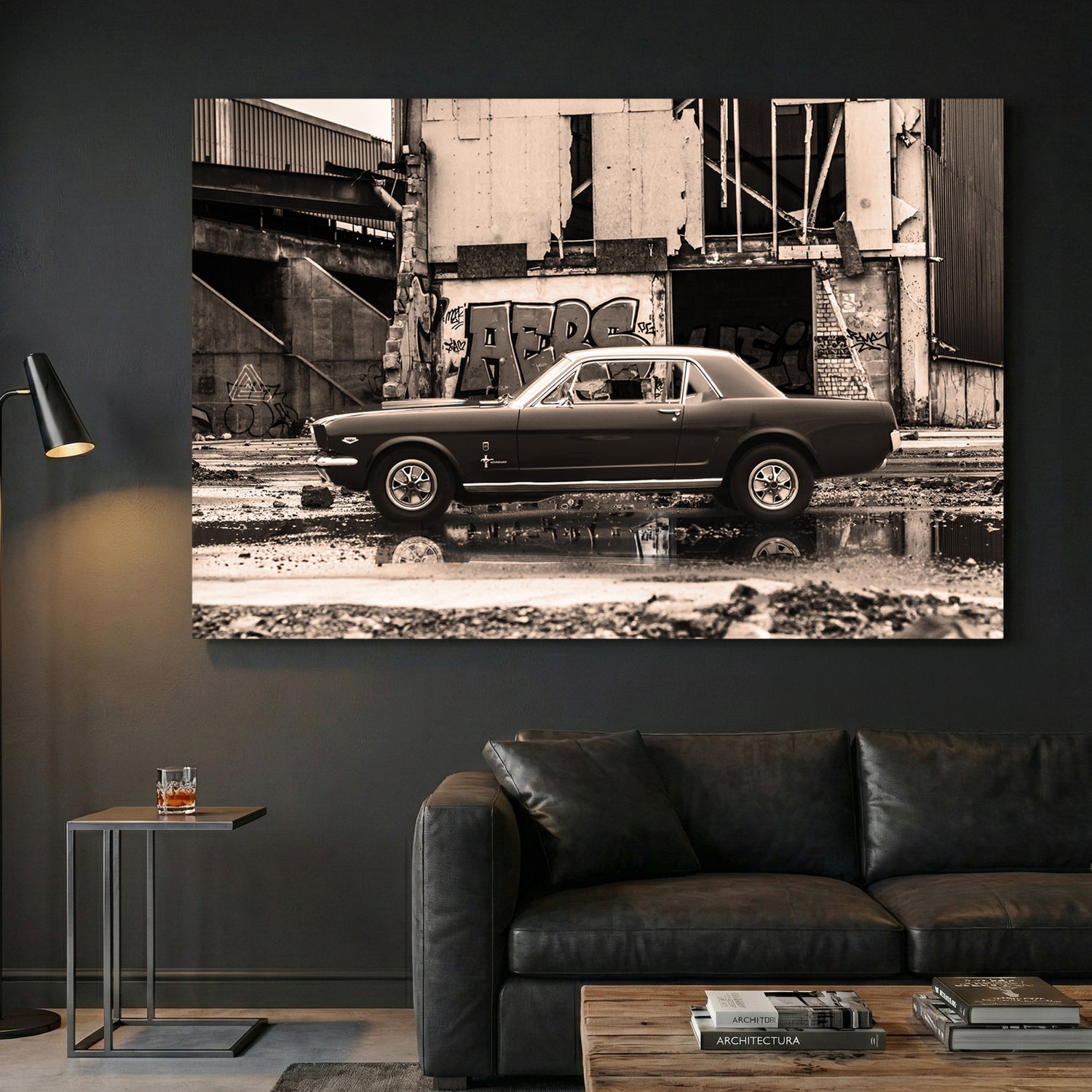 Classic Mustang Muscle Car canvas wall art print displayed in a styled living room