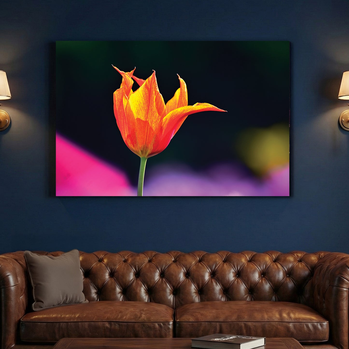 Orange Tulip Garden canvas wall art print above a sofa in a contemporary living room