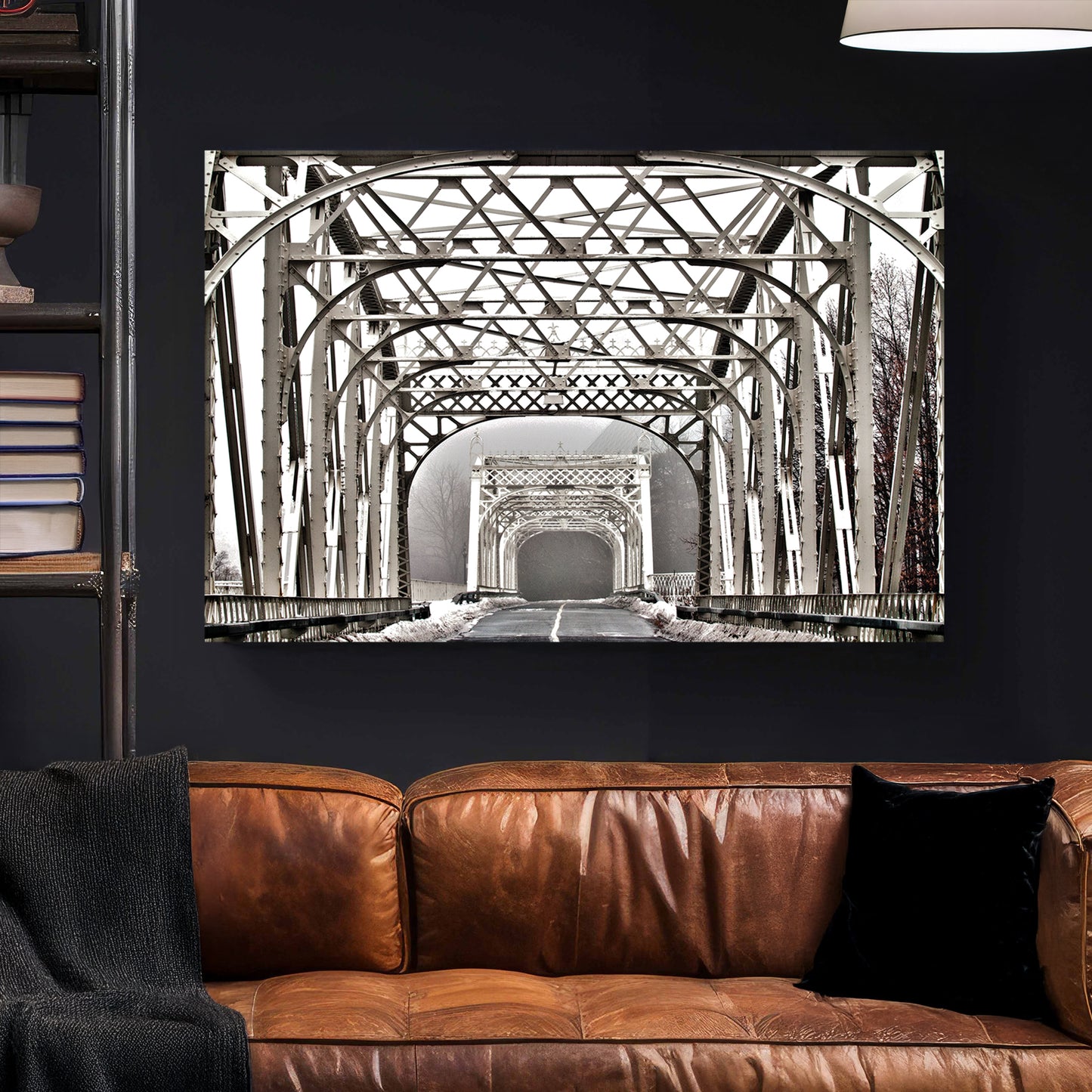 Winter Steel Bridge canvas wall art print styled in a modern interior