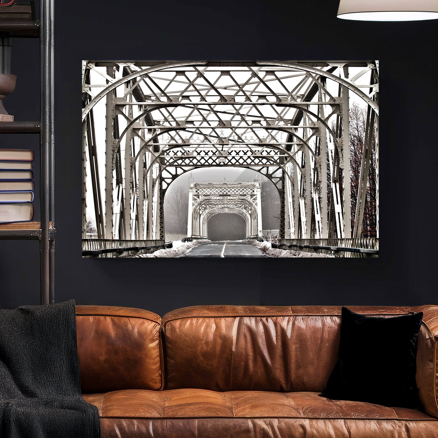 Winter Steel Bridge canvas wall art print styled in a modern interior
