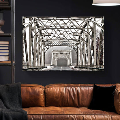 Winter Steel Bridge canvas wall art print styled in a modern interior