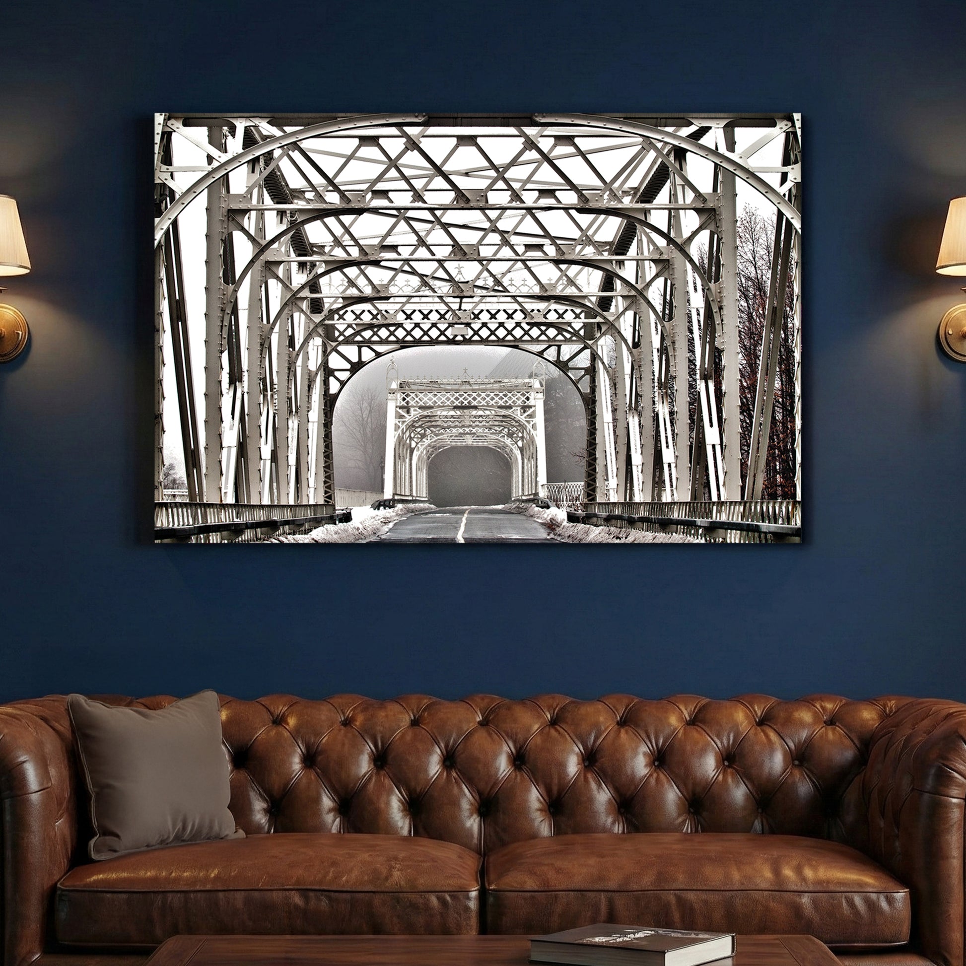 Winter Steel Bridge canvas wall art print above a sofa in a contemporary living room