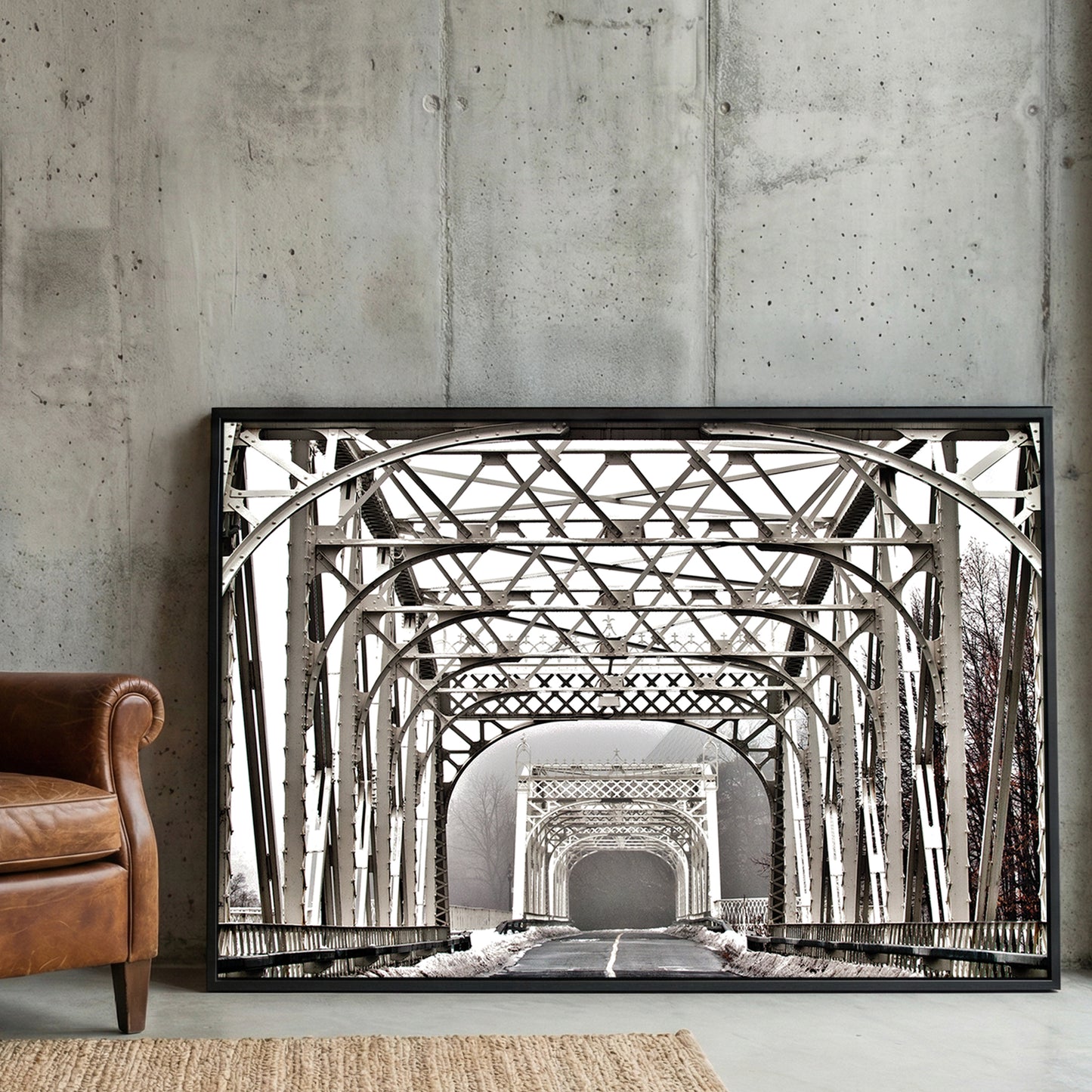 Winter Steel Bridge framed canvas wall art print in a gallery-style display