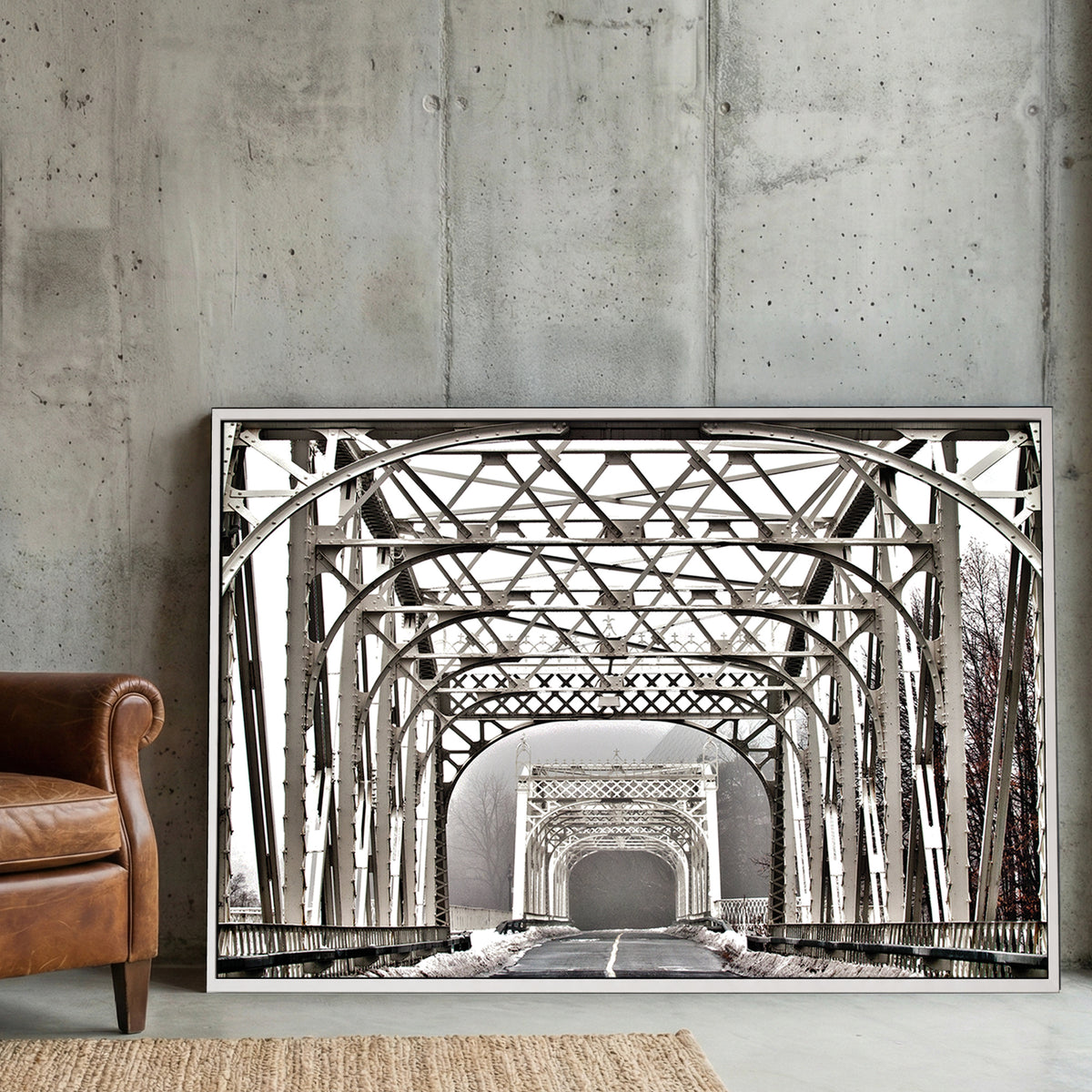 Winter Steel Bridge canvas wall art print displayed in a styled living room